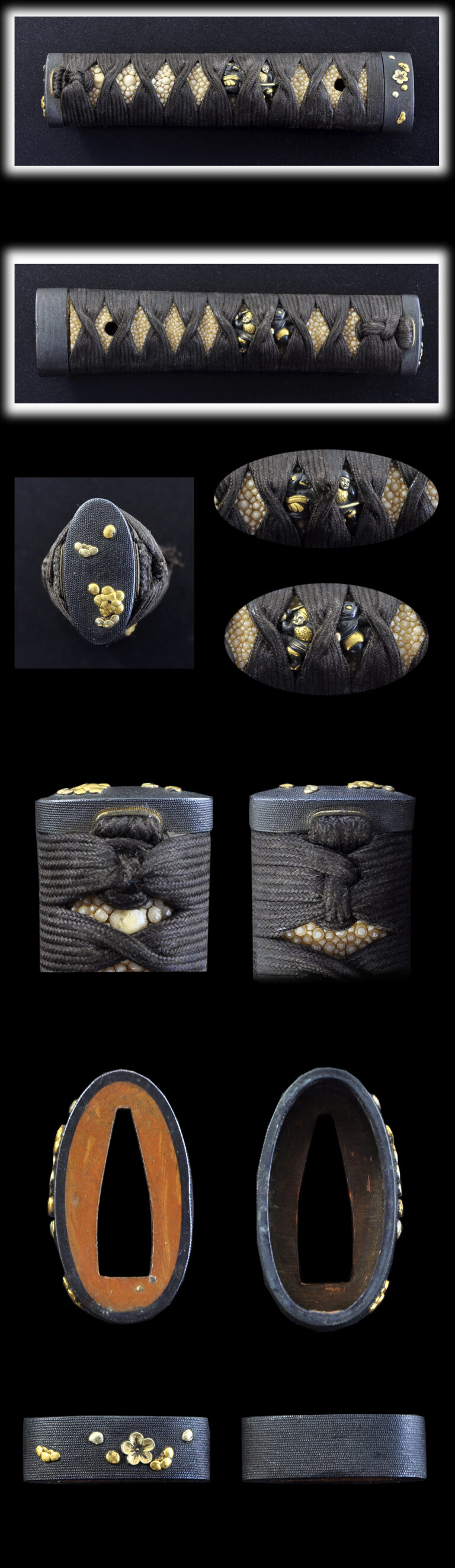 Tsuka:On the Shakudo plate, flower is engraved with gold color